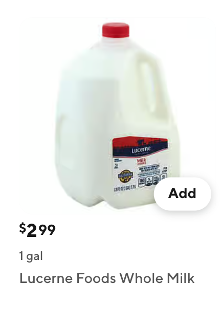 Storefront tile for a non-weighted item, showing a single unit price of $2.99 and a size of 1 gal