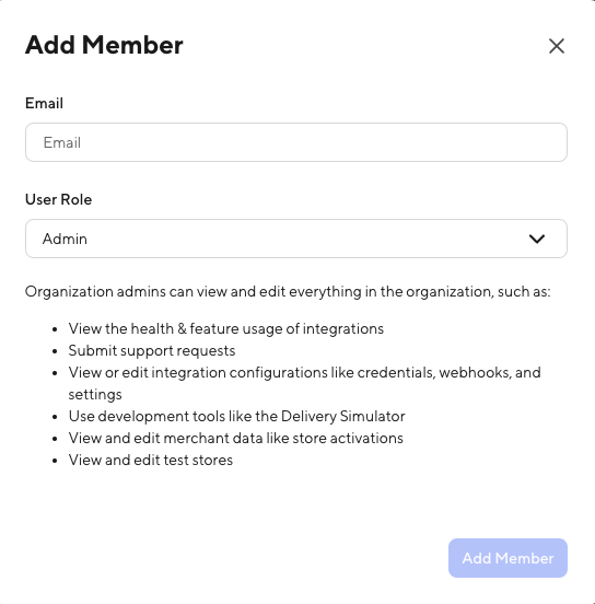 A screenshot of the dialog for adding a member by email