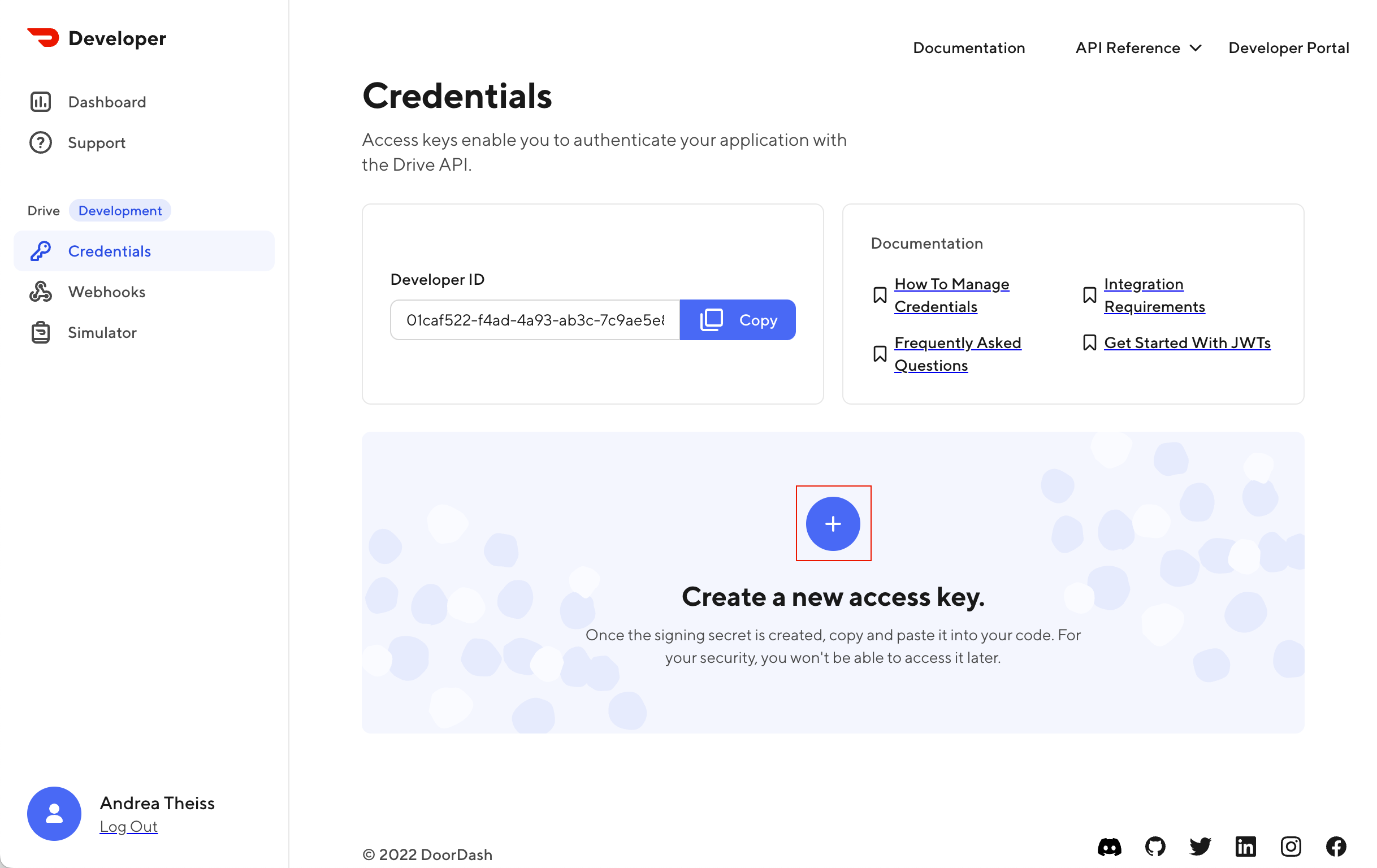 A screenshot of the Credentials page with the button for creating a new access key highlighted