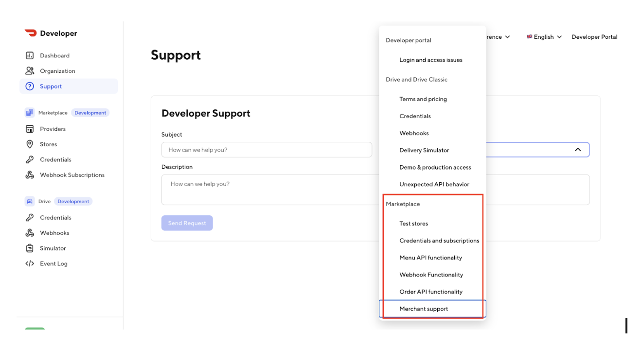 Developer Portal Support Option