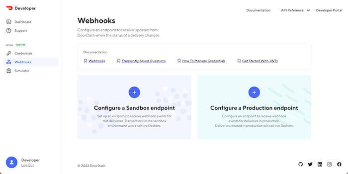 A screenshot of the webhooks page in the DoorDash Developer Portal