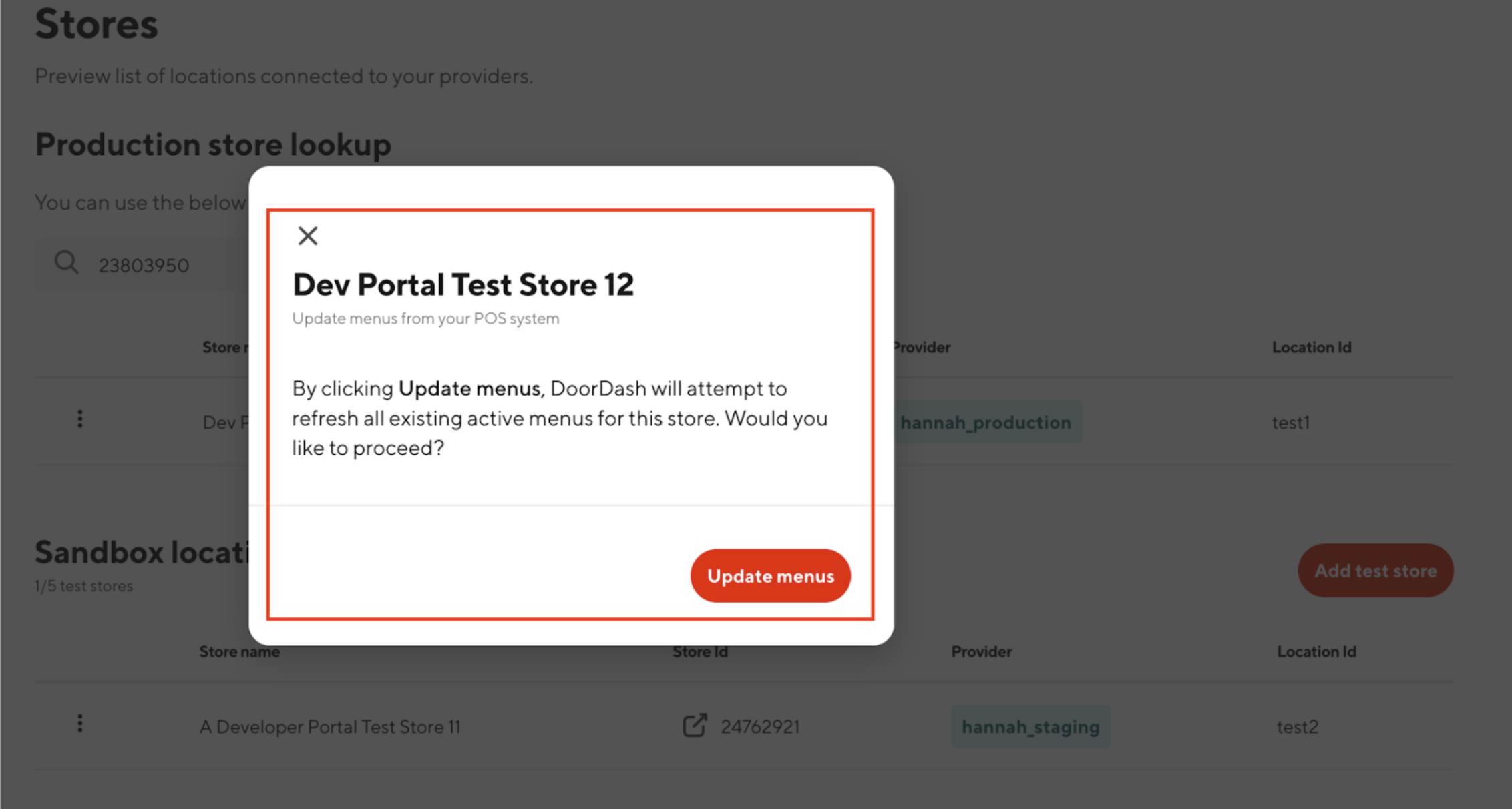 Developer Portal - Update Menus Modal