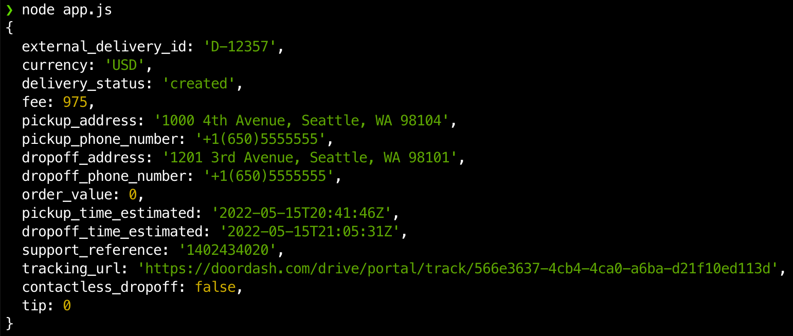 A screenshot of a terminal showing the output of creating a delivery