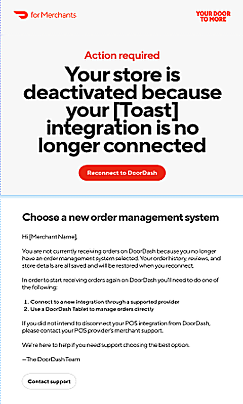 Email notification sent to the merchant after their store is disconnected, prompting them to reconnect and choose a new order management option