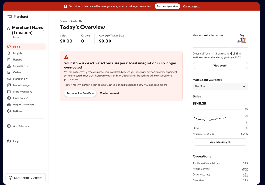 Merchant Portal home screen after dismissing the notice — the banner remains until the merchant reconnects