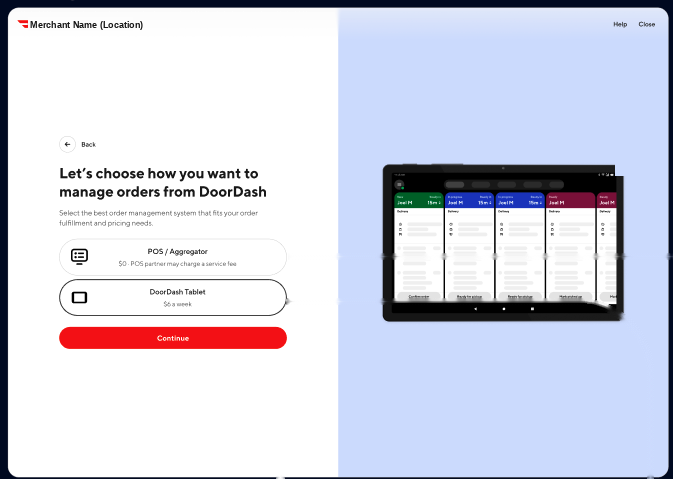Order management selection screen shown when the merchant chooses how they'll receive orders again