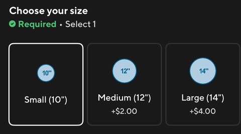 "Choose your size" rendered with selection_mode_display_type: card