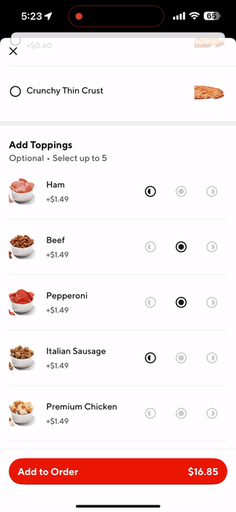 The full pizza builder flow: size, crust, and toppings with topping-side selection