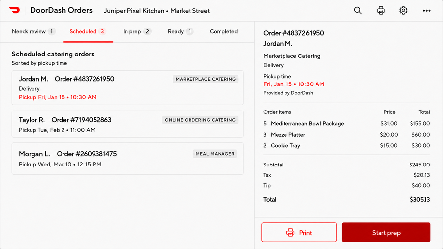 Scheduled catering orders tab showing a list of upcoming orders and an order detail panel