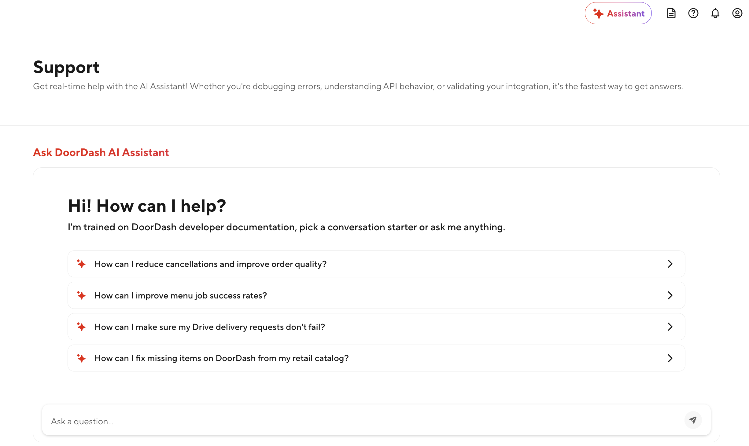 AI Assistant embedded on the Support page