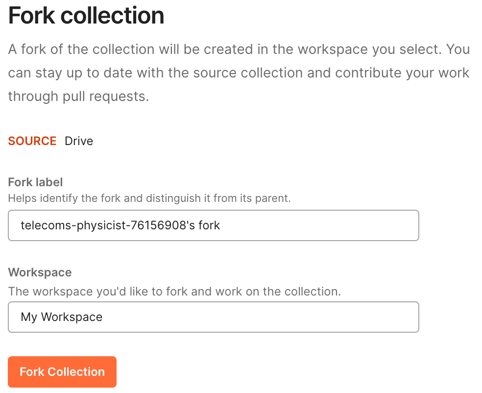 A screenshot of the Postman fork collection dialog
