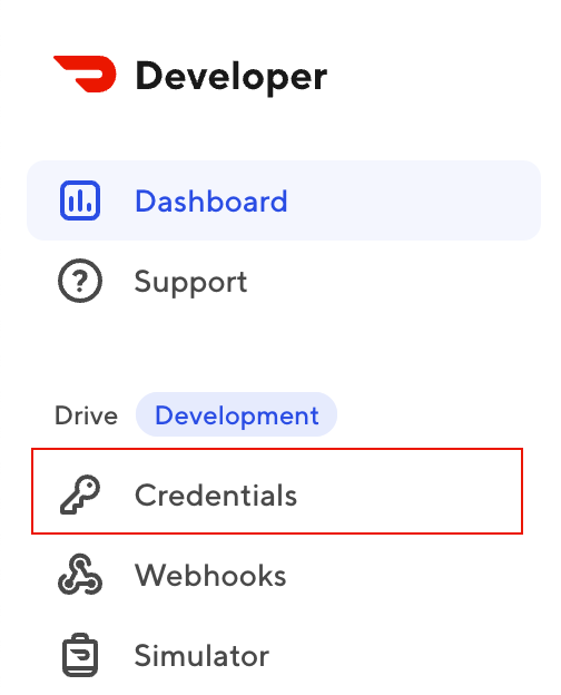 A screenshot of the Developer Portal left navigation menu with the Credentials navigation item highlighted