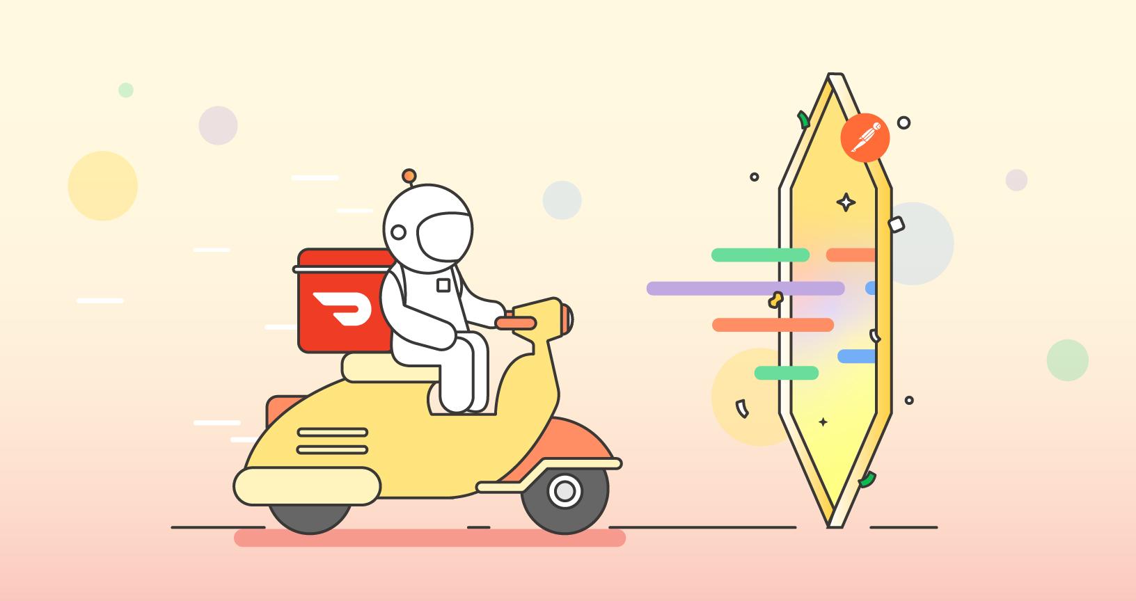 An illustration showing a DoorDash driver on a scooter driving through a portal