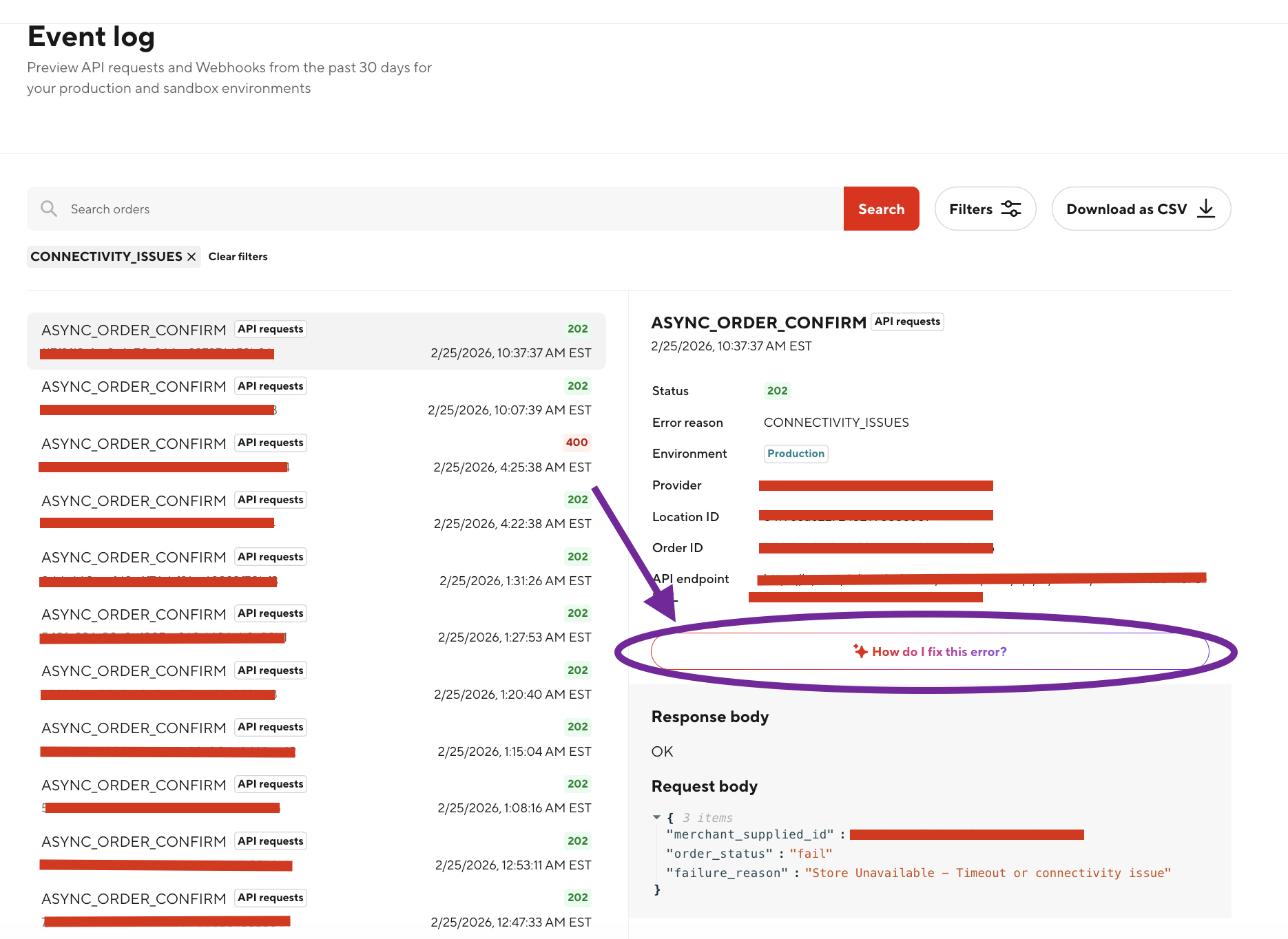 A contextual How do I fix this? link for that event.
