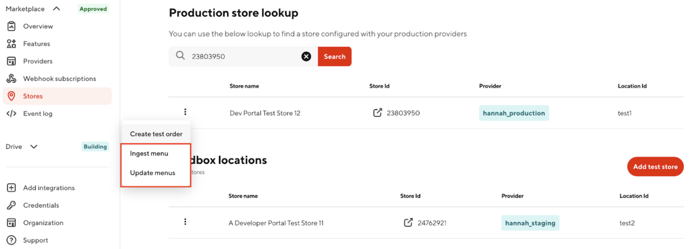 Developer Portal - Ingest and Update Menus screenshot