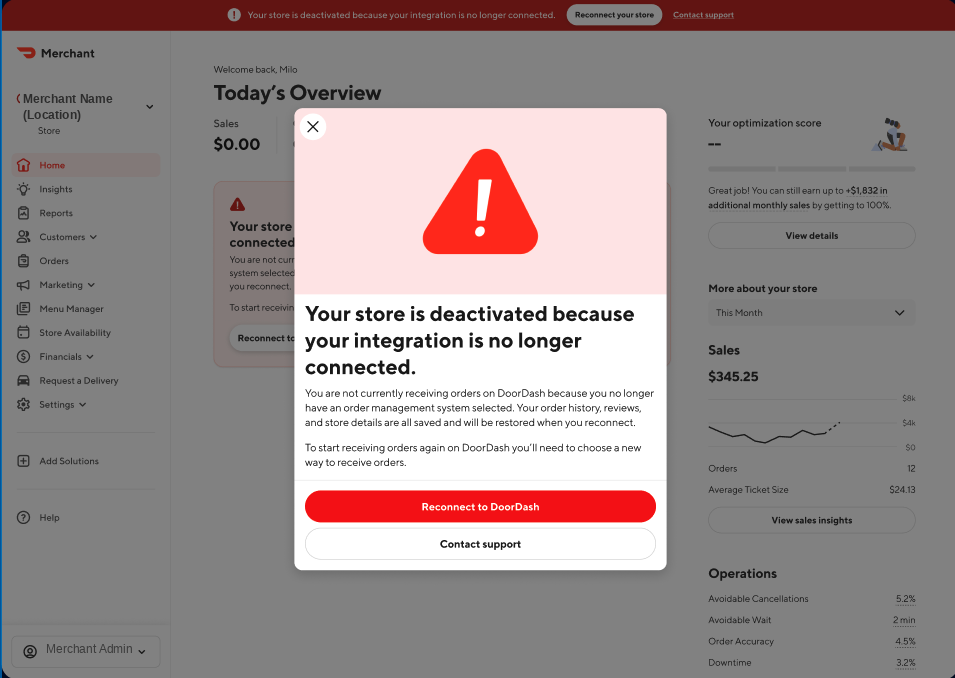 Merchant Portal home screen showing the store deactivation notice