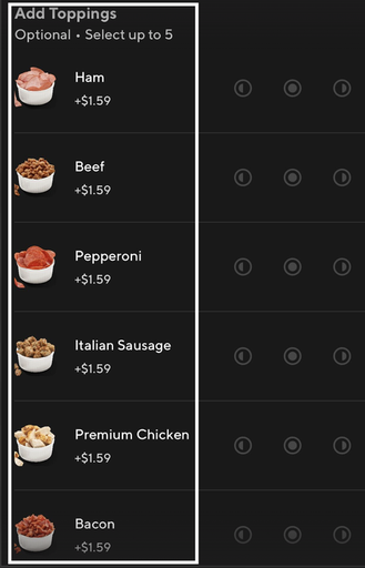 "Add Toppings" rendered with selection_mode_display_type: visual_container
