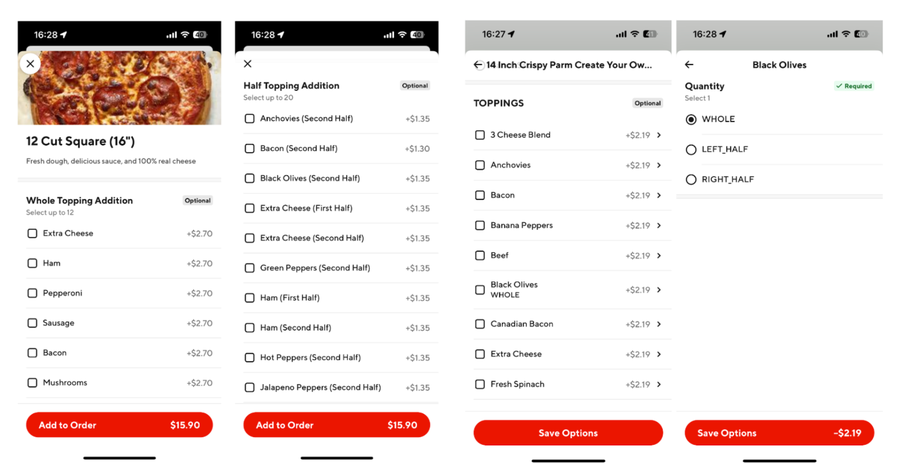The DoorDash pizza builder experience on mobile, showing size, half-topping, full topping list, and quantity screens