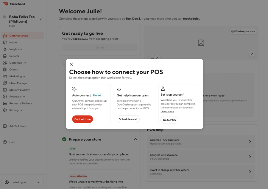 Clicking "Get started" takes merchants through the process, starting with their POS login