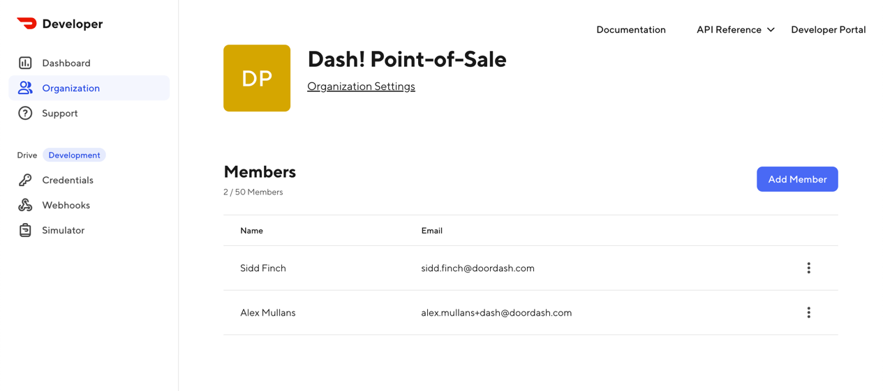 A screenshot of the organization members page in the Developer Portal
