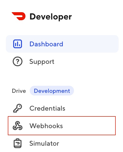 A screenshot of the Developer Portal left navigation menu with the Webhooks navigation item highlighted