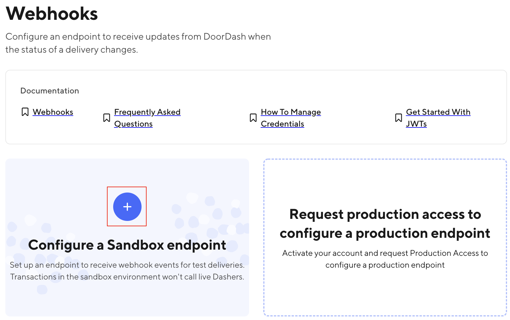 A screenshot of the Webhooks page with the button for creating a new Sandbox webhook highlighted