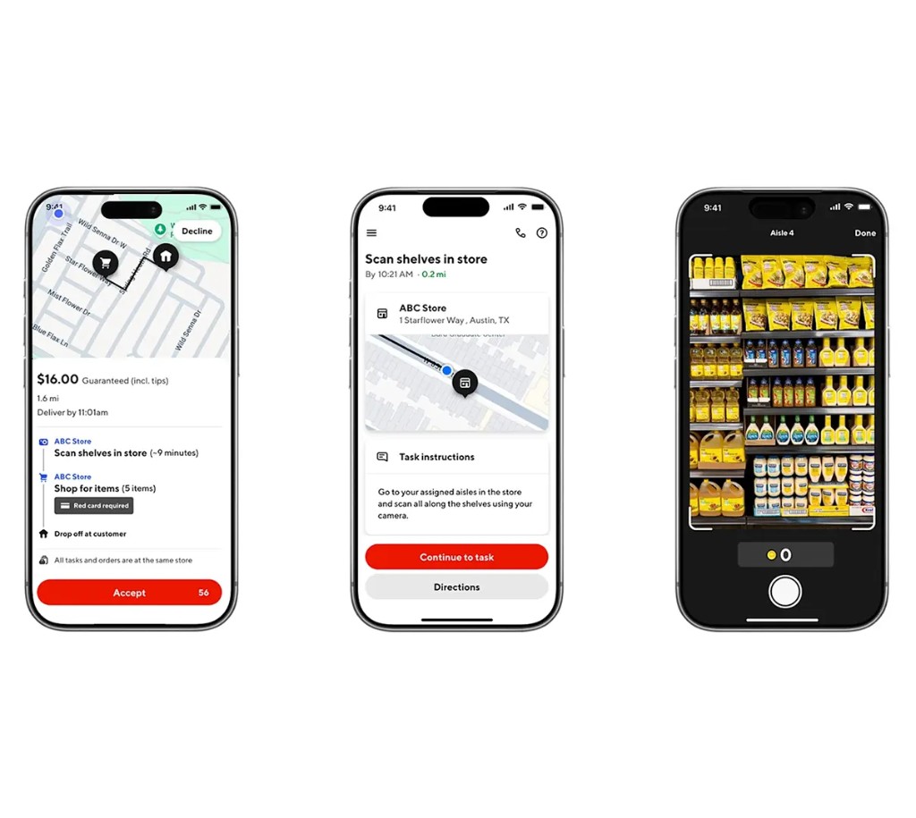 DoorDash Tasks app screens — task acceptance, instructions, and shelf scanning