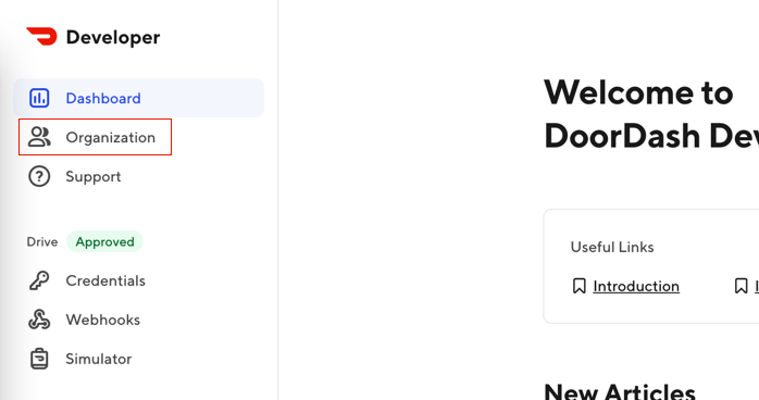 A screenshot of the Developer Portal with the Organization navigation item highlighted