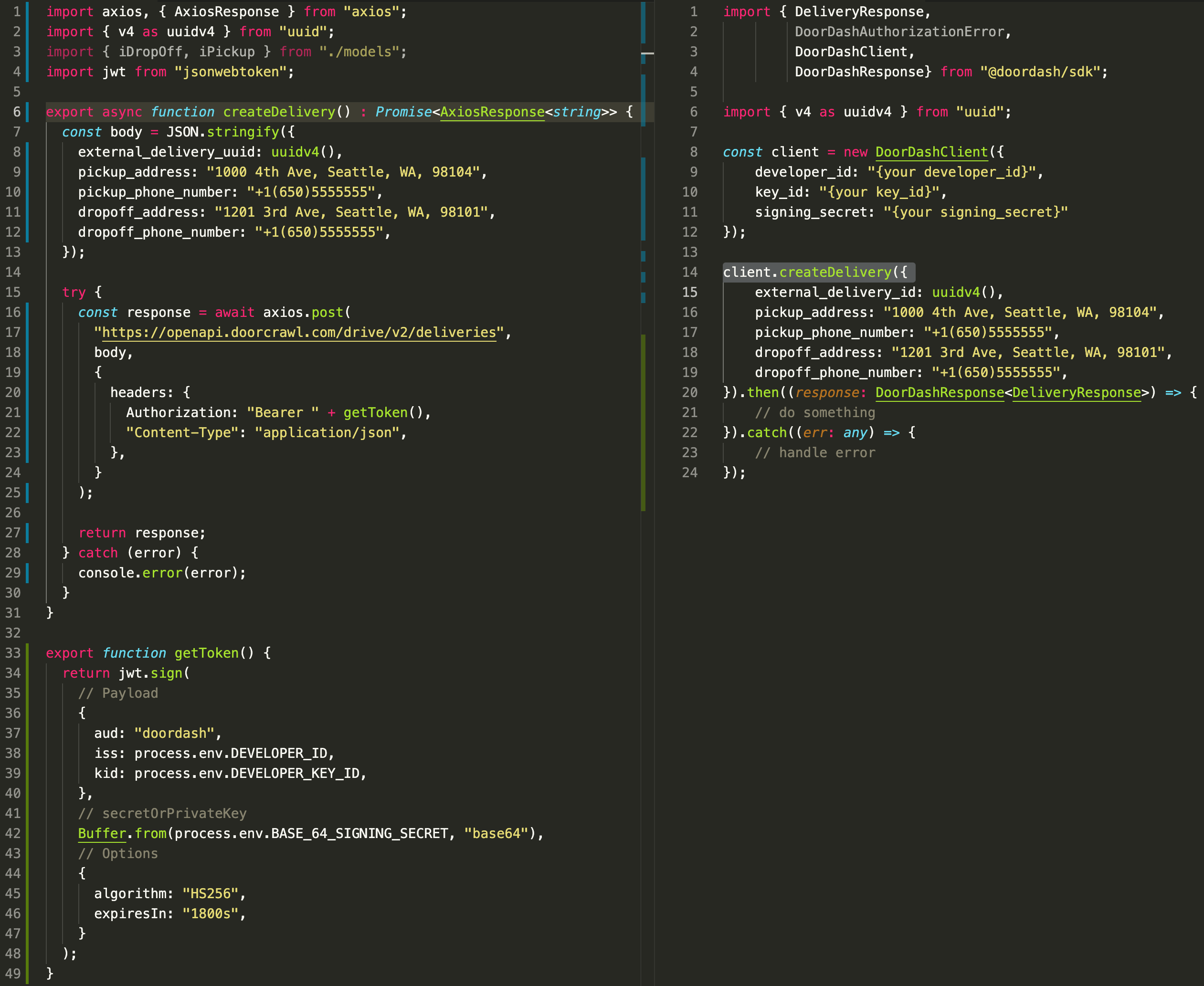 A screenshot comparing JavaScript code calling the APIs directly vs. using the DoorDash Node.js SDK